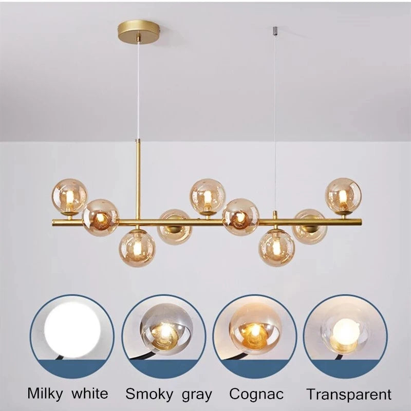 Lustre Nórdico LED Dourado com Esferas de Vidro